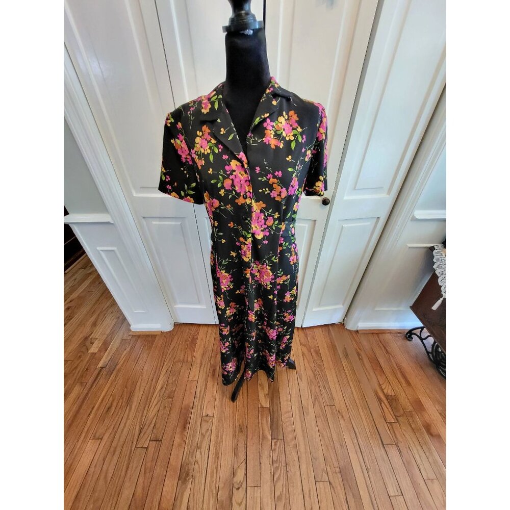 Vintage 90's Black Floral Button Up Shirt Maxi Dress Miss Darby 10 P Whimsygoth
